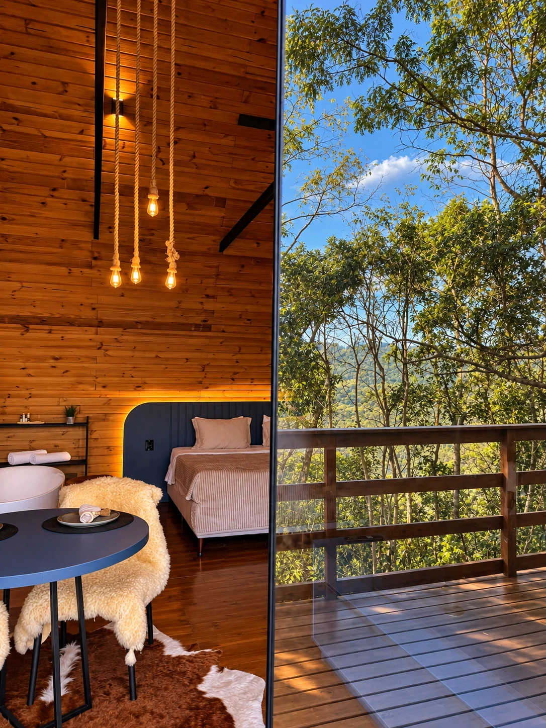 Interior da Cabana Lavanda e varanda envidraçada com vista para as árvores